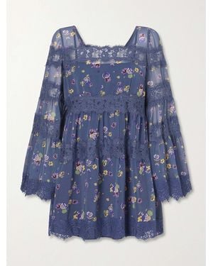 Anna Sui Pleated Floral-Print Lace-Trimmed Chiffon Mini Dress - Blue