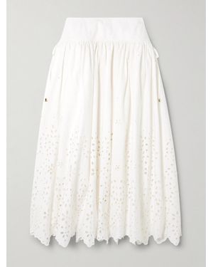 Self-Portrait Embellished Tie-Detailed Broderie Anglaise Cotton Midi Skirt - White