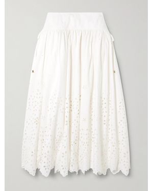 Self-Portrait Embellished Tie-Detailed Broderie Anglaise Cotton Midi Skirt - White