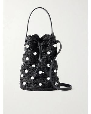 Rabanne Embellished Leather-Trimmed Raffia Crossbody Bag - White