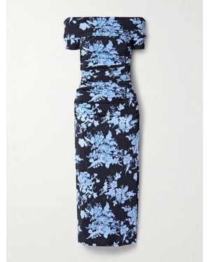 Carolina Herrera Off-The-Shoulder Ruched Floral-Print Stretch-Jersey Midi Dress - Blue