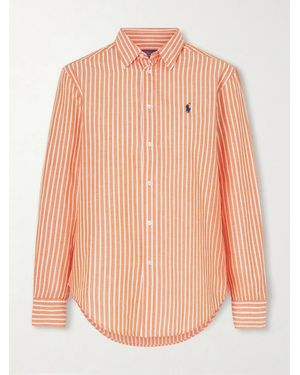 Polo Ralph Lauren Embroidered Striped Cotton And Linen-Blend Shirt - Pink