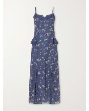 Anna Sui Night Blooming Floral-Print Lace-Trimmed Chiffon Midi Dress - Blue