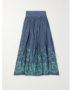 Loretta Caponi Net Sustain Vanessa Embroidered Striped Cotton-Twill Midi Skirt - Blue