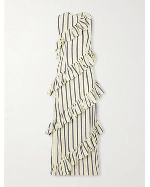 Marrakshi Life Spiral Ruffled Striped Cotton Maxi Dress - White