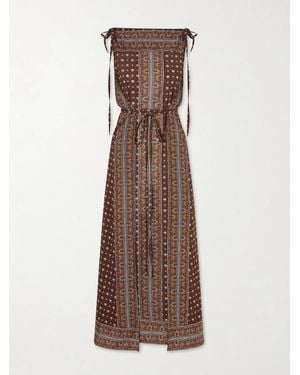 Doen Amarante Belted Printed Organic Cotton-Voile Midi Dress - Brown