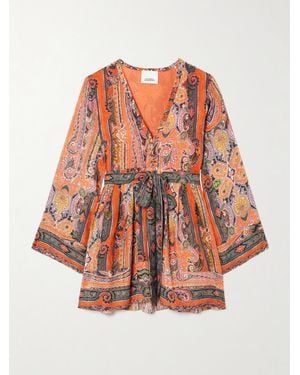 Isabel Marant Morgane Belted Eyelet-Embellished Paisley-Print Silk-Chiffon Mini Dress - Orange