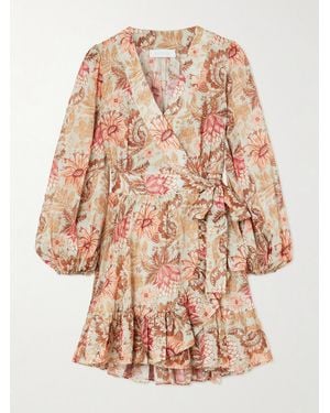 Zimmermann Daylight Mini-Wickelkleid Aus Bedruckter Baumwolle Mit Volants - Pink
