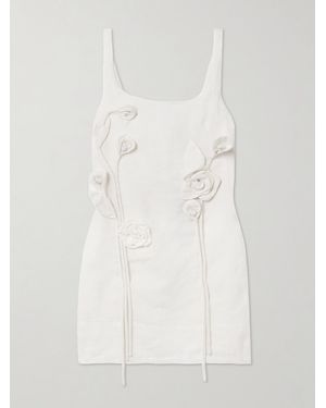 FARM Rio Floral-Appliquéd Linen Mini Dress - White