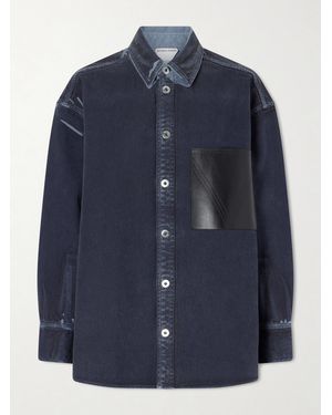 Bottega Veneta Leather-Trimmed Overdyed Organic Denim Jacket - Blue
