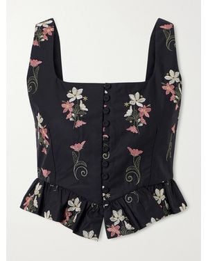 Agua Bendita Eslabón Noche Floral-Embroidered Cotton Cropped Top - Black