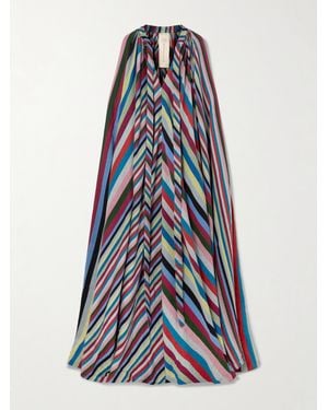 Marrakshi Life Tie-Neck Cape-Effect Striped Cotton Maxi Dress - Blue