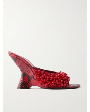 Dries Van Noten Mules Aus Leder Mit Schlangeneffekt, Keilabsatz Und Zierperlen - Rot