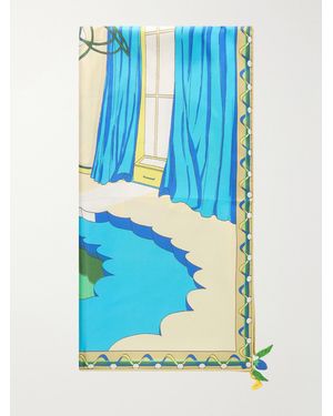 Tory Burch The Pool Embellished Printed Silk-Twill Scarf - Blue