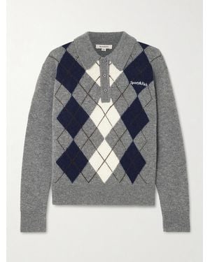 Sporty & Rich Embroidered Argyle Cashmere And Wool-Blend Polo Jumper - Blue