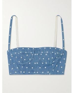 Carolina Herrera Cropped Polka-Dot Denim Bustier Top - Blue