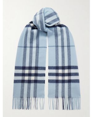 Burberry Fringed Checked Cashmere Scarf - Blue