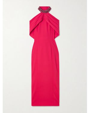 Sabina Bilenko Lotty Cold-Shoulder Crystal-Embellished Pleated Cady Halterneck Midi Dress - Pink