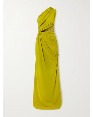 Alex Perry One-Shoulder Cutout Draped Gathered Stretch Recycled Crepe-Jersey Gown - Yellow