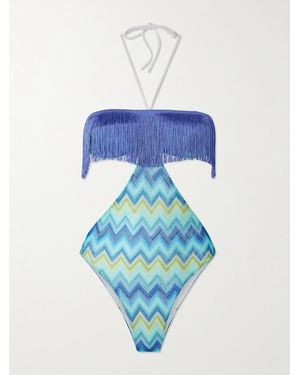 Missoni Mare Badeanzug Aus Gestreiftem Häkelstrick Mit Fransen Und Cut-Out - Blau