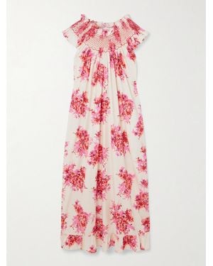 Loretta Caponi Delfina Ruffled Smocked Floral-Print Cotton Maxi Dress - Pink