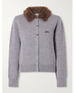 Loewe Plush-Trimmed Logo-Embroidered Wool Cardigan - Gray