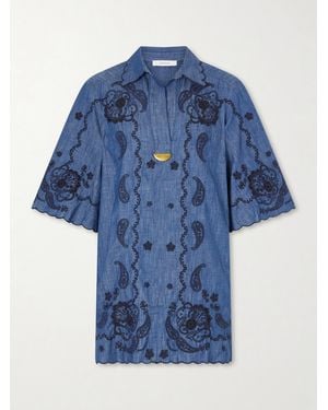 Zimmermann Aster Broderie Anglaise-Trimmed Cotton-Denim Mini Dress - Blue