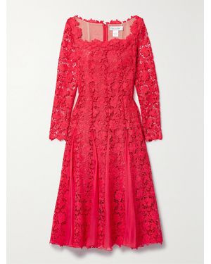 Oscar de la Renta Silk-Chiffon Trimmed Guipure Lace Midi Dress - Red