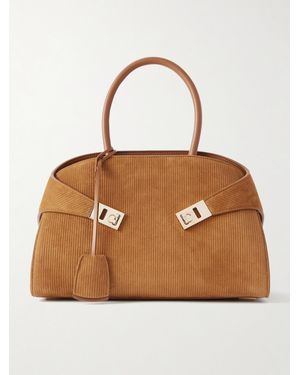 Ferragamo Hug Grainy Small Embellished Leather-Trimmed Ribbed Suede Tote - Brown