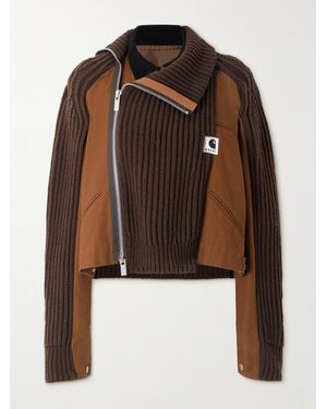 Sacai Carhartt Wip Asymmetric Ribbed Wool-Blend And Cotton-Canvas Cardigan - Brown