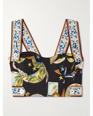 FARM Rio Cropped Printed Cotton Bustier Top - Blue