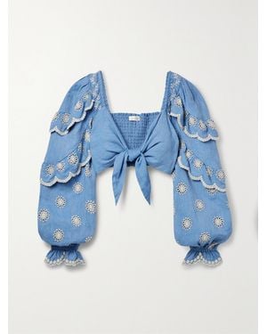 LoveShackFancy Milanti Tie-Front Ruffled Broderie Anglaise Cotton And Linen-Blend Top - Blue