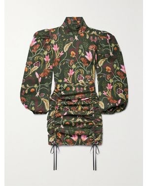 Agua Bendita Net Sustain Guaba Habitat Ruched Printed Linen Mini Dress - Green