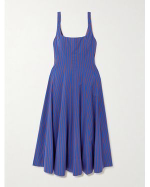 STAUD Wells Pleated Striped Cotton-Blend Poplin Midi Dress - Blue