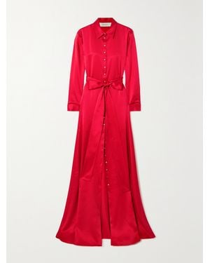 SemSem Net Sustain Belted Button-Embellished Silk Maxi Shirt Dress - Red