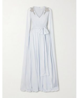 Erdem Belted Cape-Effect Crystal-Embroidered Silk-Crepon Gown - White