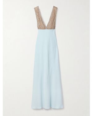 Costarellos Dania Crystal-Embellished Tulle-Trimmed Crepe Gown - White