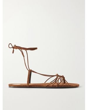 Saint Laurent Babylone Cassandre-Embellished Lace-Up Suede Sandals - Brown