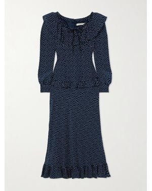 Alessandra Rich Midikleid Aus Crêpe De Chine Aus Seide Mit Punkten Und Rüschen - Blau