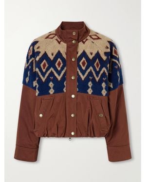 Veronica Beard Knoll Gathered Fair Isle Fleece-Trimmed Cotton-Twill Jacket - Blue