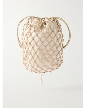 SAVETTE Macrame Bead-Embellished Canvas-Trimmed Leather Clutch - Natural