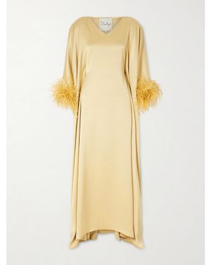 ‎Dima Ayad Asymmetric Feather-Trimmed Satin Gown - Yellow