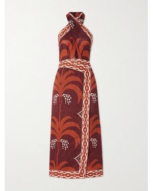 Johanna Ortiz Cutout Printed Linen Halterneck Maxi Dress - Red