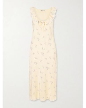 Alessandra Rich Floral-Print Lace-Trimmed Silk-Satin Midi Dress - Natural
