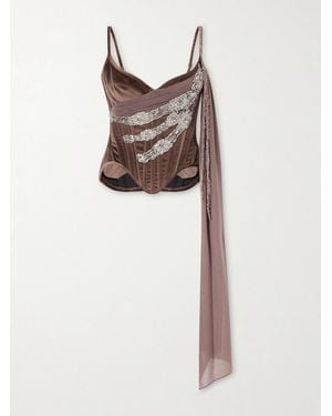 Wiederhoeft Tie-Detailed Embellished Cotton-Blend Velvet Corset Top - Brown