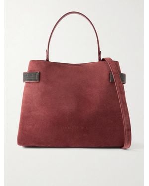 Brunello Cucinelli Bead-Embellished Suede Shoulder Bag - Red