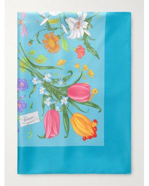 Gucci Flora Floral-Print Silk-Twill Scarf - Blue