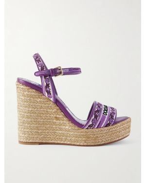 Dolce & Gabbana Leather-Trimmed Embroidered Canvas Platform Wedge Sandals - Pink