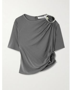 Christopher Esber Orica Cropped Asymmetric Embellished Ruched Jersey T-Shirt - Grey