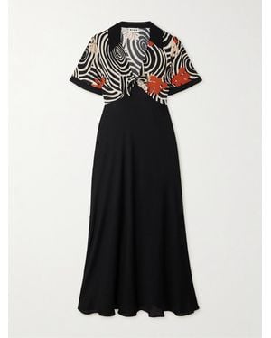 RIXO London Anais Tie-Front Printed Voile Midi Dress - Black